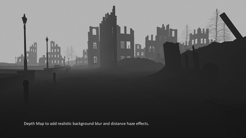 Peut inclure: Image en noir et blanc d'un paysage urbain post-apocalyptique. Des b&acirc;timents en silhouette, certains sans murs ni toits, se dressent sur un ciel brumeux. Des lampadaires bordent un chemin, ajoutant &agrave; l'atmosph&egrave;re d&eacute;sol&eacute;e. Le texte: Depth Map to add realistic background blur and distance haze effects.