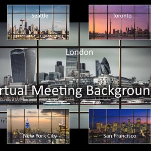 Puede incluir: Un collage de cinco paisajes urbanos, cada uno con un nombre de ciudad diferente en la parte superior. Las ciudades son Seattle, Toronto, Londres, Nueva York y San Francisco. El texto "Virtual Meeting Backgrounds" está en el centro de la imagen.