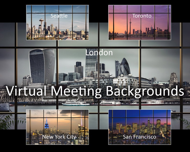 Puede incluir: Un collage de cinco paisajes urbanos, cada uno con un nombre de ciudad diferente en la parte superior. Las ciudades son Seattle, Toronto, Londres, Nueva York y San Francisco. El texto "Virtual Meeting Backgrounds" est&aacute; en el centro de la imagen.