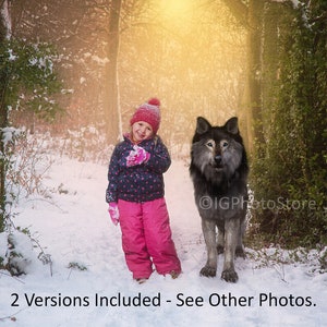 May include: A young child in pink snow pants, a navy blue jacket with white polka dots, and a red hat stands in a snowy forest next to a large gray wolf. The image is set in a winter wonderland with snow-covered trees and a bright, sunny background.