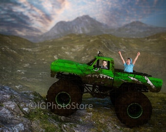 Monster Truck Digital Backdrop, Off Road Truck in Mountains Digital Background for Kids Composite Portraits