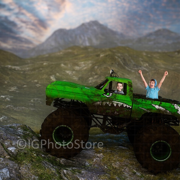 Monster Truck Digital Backdrop, Off Road Truck in Mountains Digital Background for Kids Composite Portraits