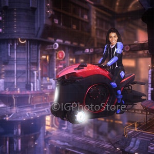 Cyberpunk Flying Bike Layered Digital Backdrop, Hoverbike Digital Background, Sci-Fi Fantasy Motorcycle Backdrop for Composite Photography