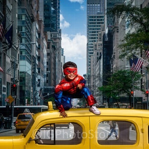 Superhero Digital Backdrop, Yellow Taxi in New York City Street,  Superhero Background, Taxi Cab Roof,  Composite Photography Background