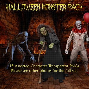 May include: A digital illustration pack featuring 15 Halloween monster characters. The image shows three monsters: a green-skinned witch with a long black dress and a walking stick, a blue-skinned monster with long arms and fingers, and a clown with a red balloon. The text "HALLOWEEN MONSTER PACK" is at the top of the image. The text "15 Assorted Character Transparent PNGs" and "Please see other photos for the full set." is at the bottom of the image.