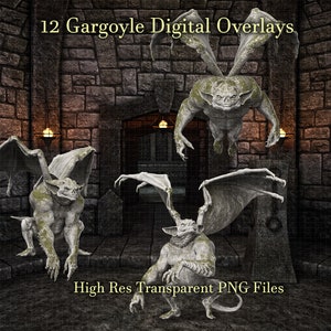12 Gargoyle Statue Digital Overlays, Transparent PNG Gargoyles Clipart, Composite Photography, Digital Art, Graphic Design, Scrapbooking