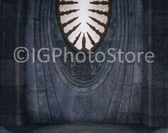 May include: A stone archway with a circular window featuring a decorative design. The archway has a stone platform in front of it.
