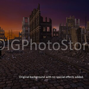 Peut inclure: Paysage urbain d&eacute;sol&eacute; au cr&eacute;puscule, avec des b&acirc;timents en ruine et une rue pav&eacute;e. Le ciel passe de l'orange au violet fonc&eacute;. Une lampe de rue est visible, ainsi que le texte "Original background with no special effects added."