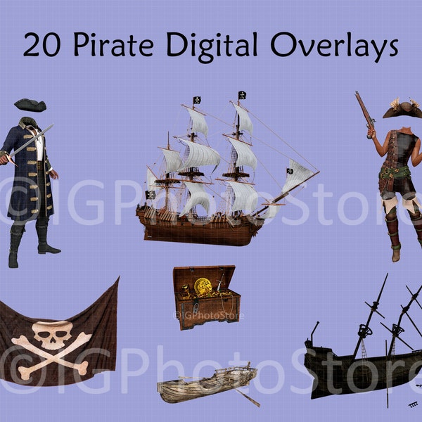 Pirate Digital Overlays, Transparent PNG Pirate Clipart, Pirate Ships, Costumes, Treasure, Jolly Roger, Shipwreck, Digital Pirate Pack