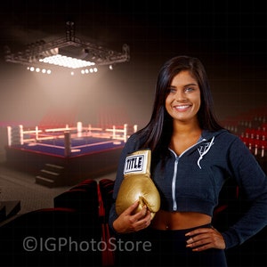 Boxing Arena Digital Backdrop, Boxing Ring Digital Backdrop, Sports Backdrop for Composite Portrait Photography, Floodlit Boxing Stadium
