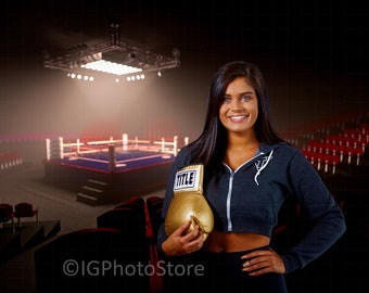 Boxing Arena Digital Backdrop, Boxing Ring Digital Backdrop, Sports Backdrop for Composite Portrait Photography, Floodlit Boxing Stadium