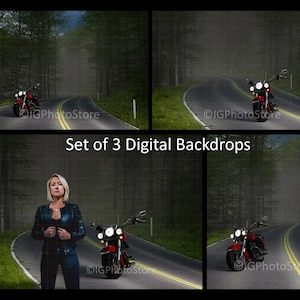 Motorcycle on an Empty Road in a Forest, 3 Digital Backdrops, Road Trip Digital Backgrounds for Biker Portraits, Motorbike on Forest Road