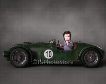 Vintage Green Racing Car Digital Background, Old Fashioned Sports Car Digital Backdrop, Baby or Child Toy Car Digital Studio Background