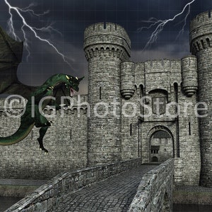 May include: A green dragon with wings flies towards a stone castle with a drawbridge. Lightning strikes in the stormy sky above.