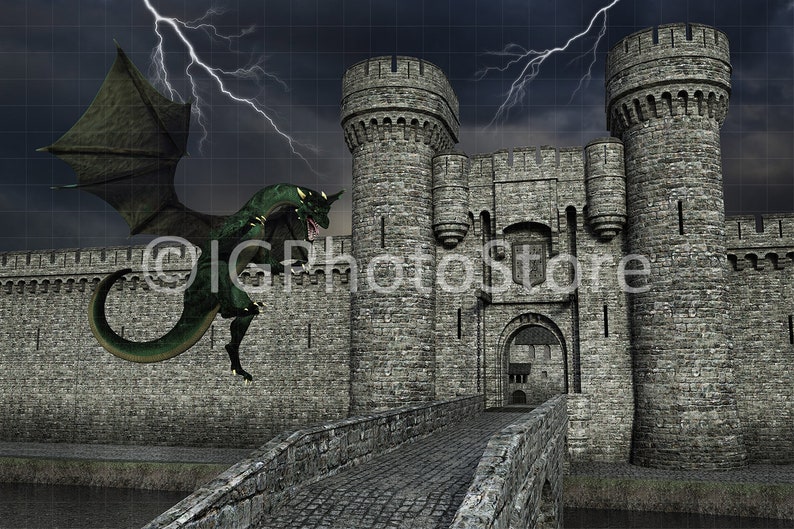 May include: A green dragon with wings flies towards a stone castle with a drawbridge. Lightning strikes in the stormy sky above.