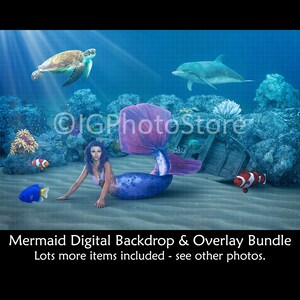 Mermaid Digital Backdrop & Overlay Bundle, Undersea Background, Transparent PNG Overlays, Mermaid Clipart, Composite Photo, Digital Art Set