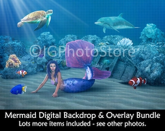 Mermaid Digital Backdrop & Overlay Bundle, Undersea Background, Transparent PNG Overlays, Mermaid Clipart, Composite Photo, Digital Art Set