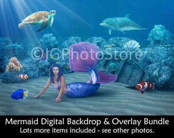 Mermaid Digital Backdrop & Overlay Bundle, Undersea Background, Transparent PNG Overlays, Mermaid Clipart, Composite Photo, Digital Art Set