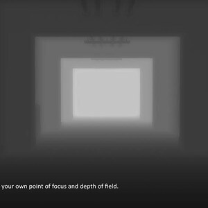 May include: A black and white image of a hallway with a bright white light at the end. The text "Depth Map to set your own point of focus and depth of field." is at the bottom of the image.