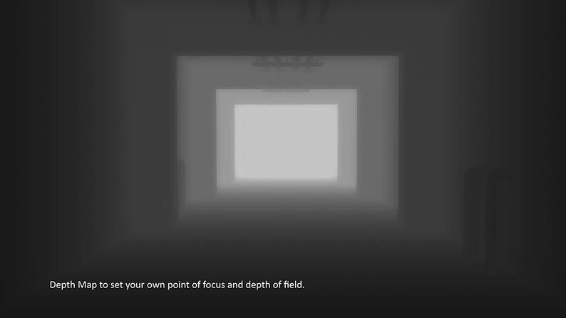 May include: A black and white image of a hallway with a bright white light at the end. The text "Depth Map to set your own point of focus and depth of field." is at the bottom of the image.