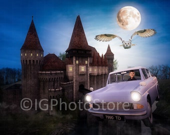 Flying Car Backdrop, Digital Backdrop, Wizard Cosplay Background, Flying Ford Anglia, Castle Backdrop, Wizarding School Digital Background