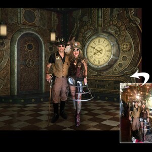 May include: A couple dressed in steampunk attire pose in front of a large clock and intricate gears. The woman wears a brown corset, a black skirt with a cage-like design, and a top hat. The man wears a brown vest, khaki pants, and a top hat. They are both holding walking sticks.