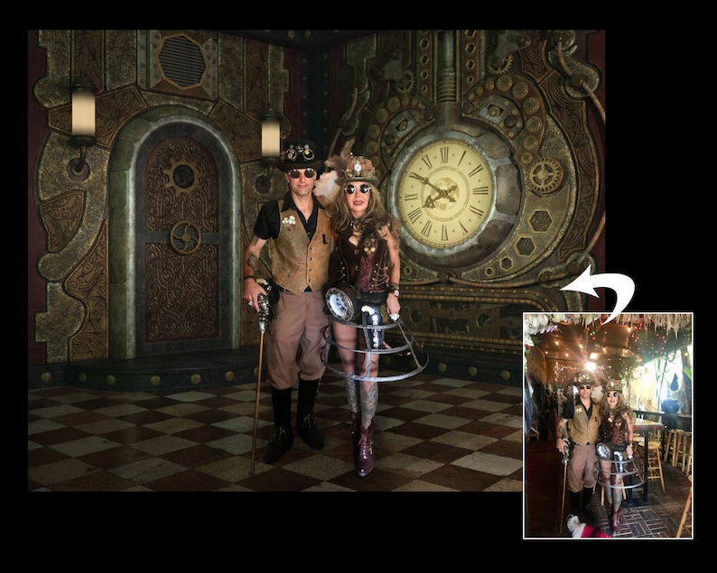 May include: A couple dressed in steampunk attire pose in front of a large clock and intricate gears. The woman wears a brown corset, a black skirt with a cage-like design, and a top hat. The man wears a brown vest, khaki pants, and a top hat. They are both holding walking sticks.