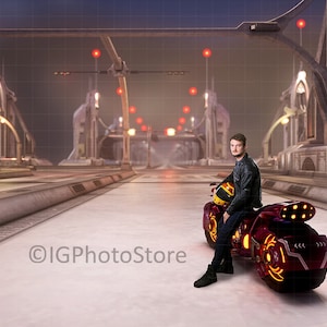 Cyberpunk Motorcycle Digital Backdrop, Science Fiction Fantasy Futuristic Motorbike Digital Background, Sci-Fi Cosplay Backdrop