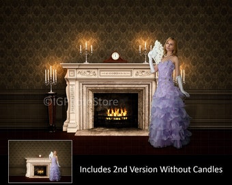Victorian Vintage Fireplace and Candles Digital Backdrop, Fireside Background, Candlelit Room, Costume or Family Portrait, Wedding Photos
