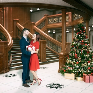 Grand Staircase with Christmas Tree, Family Portrait Digital Backdrop, Xmas Backdrops, Christmas Digital Background for Composite Portraits