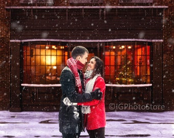 Christmas Shop Digital Background, Family Portrait Backdrop, Xmas Backdrop, Vintage Shop in Snowy Street, A Christmas Carol Background