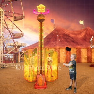 Fun Fair Strongman Game Digital Backdrop, Carnival Strength Tester Background for Fun Composite Photos, Amusement Park Backdrop for Kids