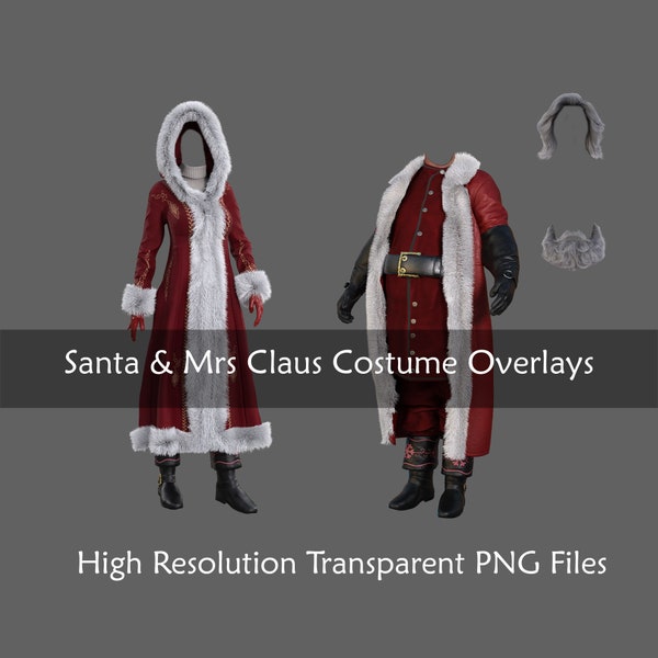 Santa Claus & Mrs Claus Costume Digital Overlays, Transparent PNG Outfits for Compositing, Christmas Costume Clipart