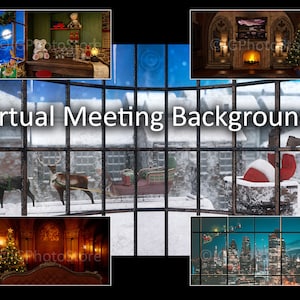 Può includere: Un collage di sei diversi sfondi per riunioni virtuali con temi invernali e festivi. Gli sfondi includono una scena innevata con renne che tirano una slitta, un camino con un albero di Natale, una città notturna e una stanza con un albero di Natale e un divano.