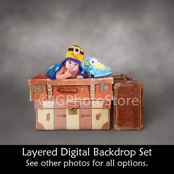 Old Suitcases Layered Digital Backdrop Set, Vintage Suitcase Background for Newborn, Babies and Kids, Retro Suitcases PNG Digital Overlays