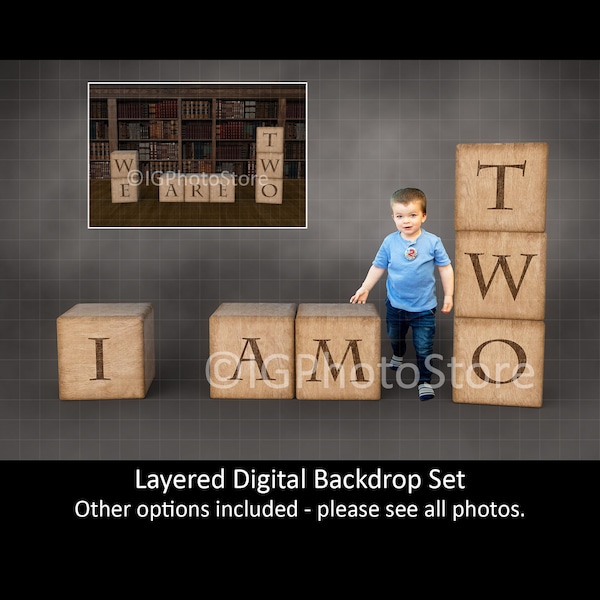Second Birthday Layered Digital Backdrop Set, Two Year Old Digital Backgrounds, 2nd Birthday Digital Studio Prop for Composite Portraits