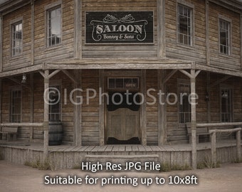 May include: A wooden saloon building with a sign that reads "SALOON Bonney & Sons". The building has a large double door with a sign that reads "OPEN".