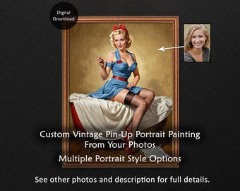 Custom Vintage Pin-Up Portrait, Printable Digital Retro Pin Up Painting, Personalized Gift for Him or Her,  Anniversary Gift Ideas