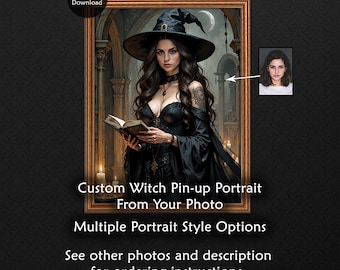 Custom Witch Pin-up Portrait, Personalized Wicca Painting From Photo (Digital Download)