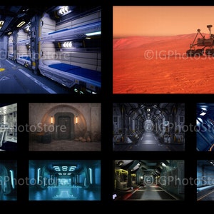 May include: A collection of digital art featuring futuristic and sci-fi interior and exterior scenes. Includes a spaceship corridor with bunk beds, a Mars rover on a red planet, and various interior and exterior views.