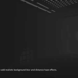 K&ouml;nnte beinhalten: Ein Graustufenbild eines Raumes mit architektonischen Details. Die Szene ist dunkel, mit Schatten und Lichtmustern. Der Text "Depth Map to add realistic background blur and distance haze effects" ist sichtbar.
