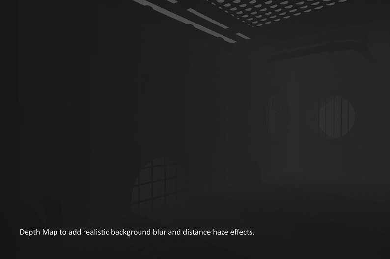 K&ouml;nnte beinhalten: Ein Graustufenbild eines Raumes mit architektonischen Details. Die Szene ist dunkel, mit Schatten und Lichtmustern. Der Text "Depth Map to add realistic background blur and distance haze effects" ist sichtbar.
