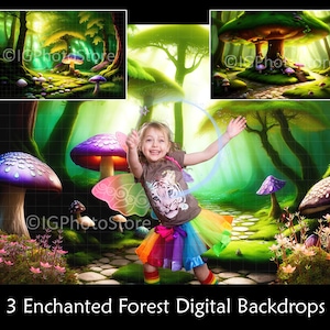 Toiles de fond numériques de forêt enchantée, fond de bois de fée magique avec des champignons géants pour la photographie composite d&#39;enfants fantastiques, ensemble de 3
