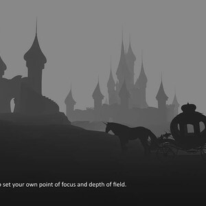 May include: A black and white silhouette of a fairytale castle with a carriage and horse in the foreground. The image is a depth map, which can be used to set the point of focus and depth of field.