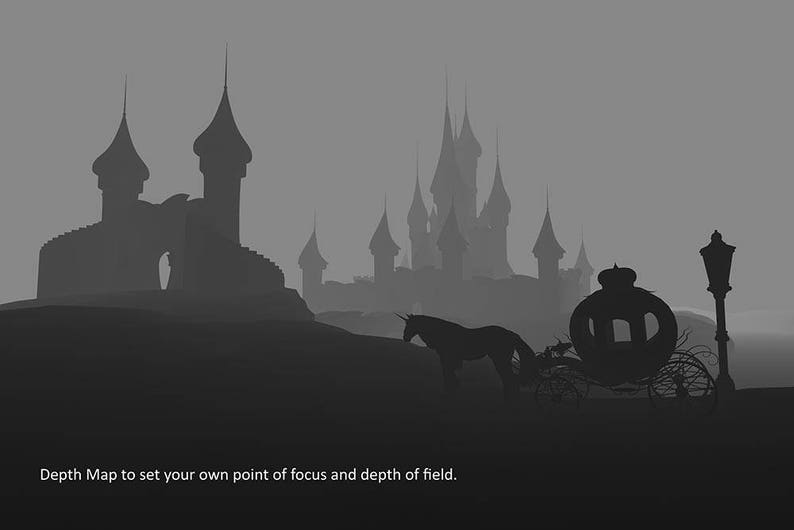 May include: A black and white silhouette of a fairytale castle with a carriage and horse in the foreground. The image is a depth map, which can be used to set the point of focus and depth of field.