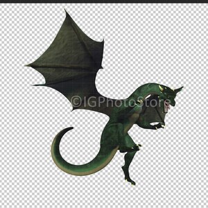 May include: A green dragon with wings spread wide, its head turned to the side, and its mouth open in a roar. The dragon is in mid-air, with its tail curled up behind it.