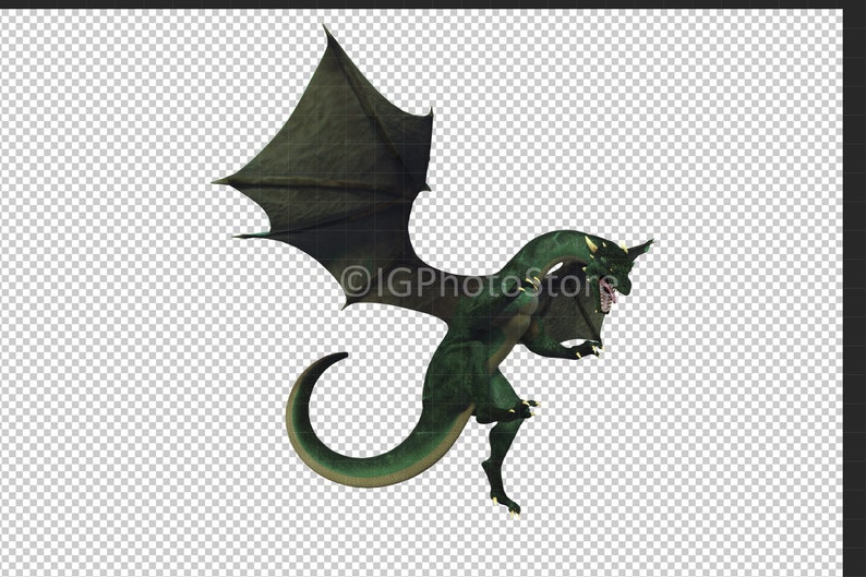 May include: A green dragon with wings spread wide, its head turned to the side, and its mouth open in a roar. The dragon is in mid-air, with its tail curled up behind it.