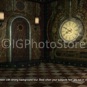 May include: A room with a steampunk aesthetic. The walls are decorated with intricate metalwork and gears. A large clock face is prominently displayed on the right wall. The floor is a checkered pattern of black and white tiles.