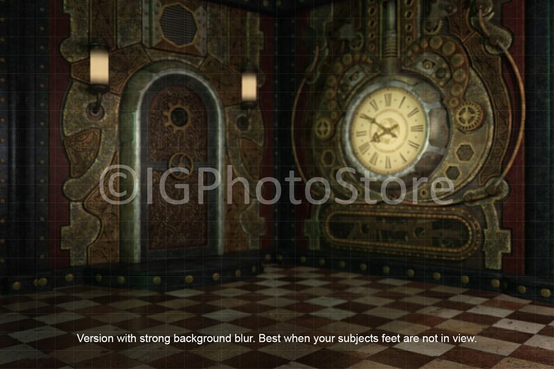 May include: A room with a steampunk aesthetic. The walls are decorated with intricate metalwork and gears. A large clock face is prominently displayed on the right wall. The floor is a checkered pattern of black and white tiles.