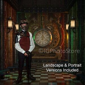 May include: A steampunk-themed photo backdrop featuring a man in a top hat and goggles standing in a hallway with a large clock and metal doors. The backdrop is perfect for creating a fantasy or sci-fi themed photo shoot.
